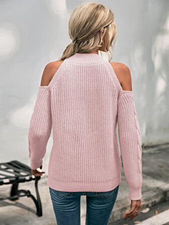 Kadın Balıkçı Yaka Omuzu Açık Selanik Saç Örgü Detaylı Pudra Triko Kazak