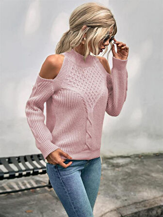 Kadın Balıkçı Yaka Omuzu Açık Selanik Saç Örgü Detaylı Pudra Triko Kazak