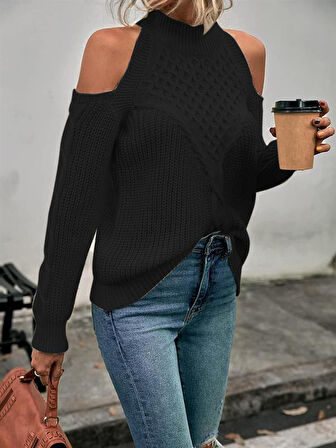 Kadın Balıkçı Yaka Omuzu Açık Selanik Saç Örgü Detaylı Siyah Triko Kazak