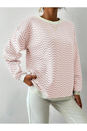 Bisiklet Yaka Dalga Desenli Triko Kazak Pudra