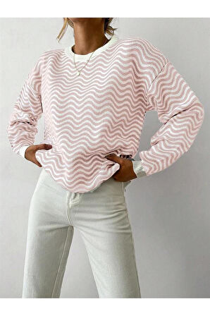 Bisiklet Yaka Dalga Desenli Triko Kazak Pudra