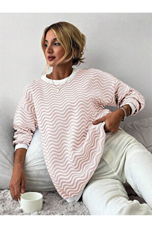 Bisiklet Yaka Dalga Desenli Triko Kazak Pudra