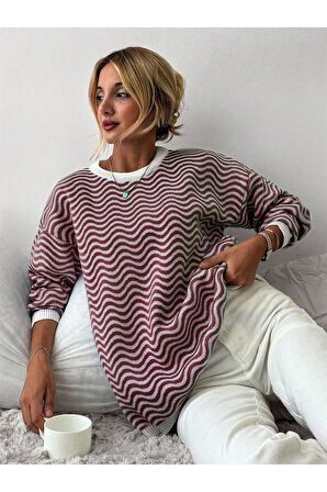 Bisiklet Yaka Dalga Desenli Triko Kazak Tarçın