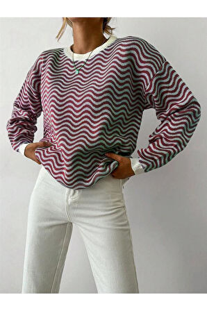 Bisiklet Yaka Dalga Desenli Triko Kazak Tarçın