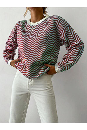 Bisiklet Yaka Dalga Desenli Triko Kazak Bordo