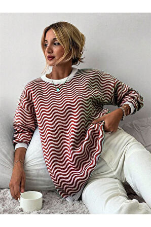 Bisiklet Yaka Dalga Desenli Triko Kazak Bordo