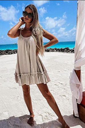 Kadın Pileli Spageti Askılı Bej Elbise