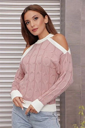 Omzu Dekolte Balıkçı Yaka Şerit Detaylı Pudra Kazak
