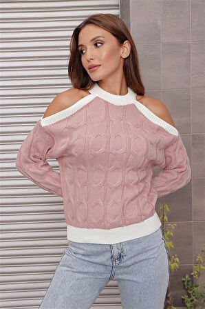 Omzu Dekolte Balıkçı Yaka Şerit Detaylı Pudra Kazak