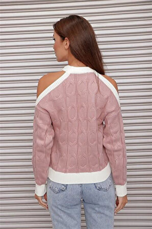 Omzu Dekolte Balıkçı Yaka Şerit Detaylı Pudra Kazak