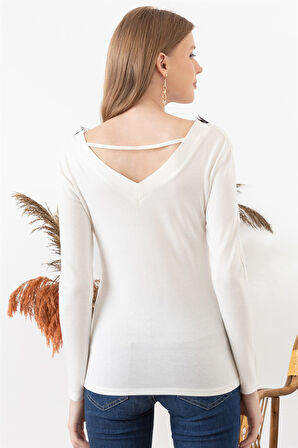 Kadın Ekru Dantel Detaylı V Yaka Bluz