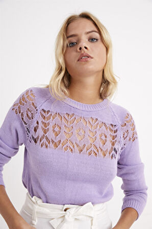 Kadın Dantel Detaylı Lila Kazak