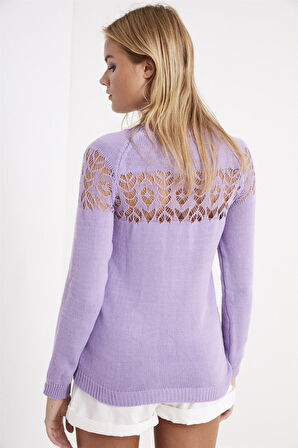 Kadın Dantel Detaylı Lila Kazak