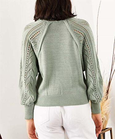 Kadın Kolu Delikli Boğazlı Triko Kazak Mint