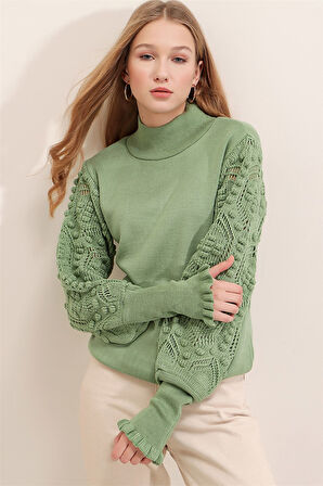 Kadın Mint Yarım Balıkçı Kolu Dantel Detaylı Kazak