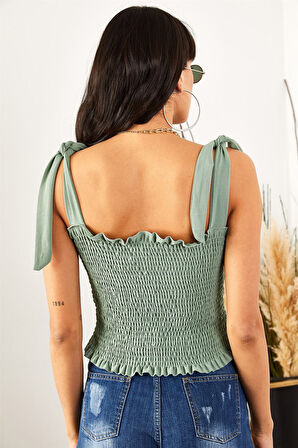 Kadın Yeşil Askılı Crop Bluz