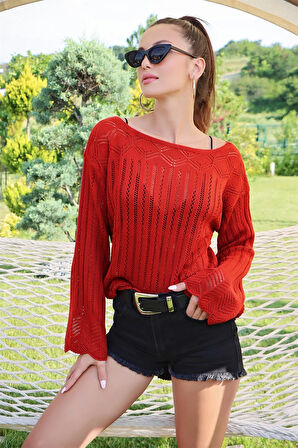 KAYIK YAKA KOL UÇLARI VOLANLI MOTİF DETAYLI KAZAK KİREMİT