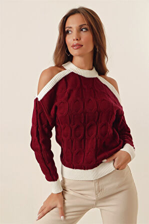 Omzu Dekolte Balıkçı Yaka Şerit Detaylı Bordo Kazak