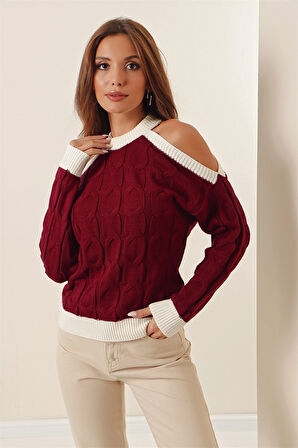 Omzu Dekolte Balıkçı Yaka Şerit Detaylı Bordo Kazak