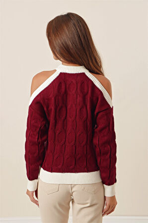 Omzu Dekolte Balıkçı Yaka Şerit Detaylı Bordo Kazak