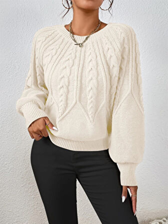 Saç Örgülü Bisiklet Yaka İtalyan Kol Triko Beyaz Kazak