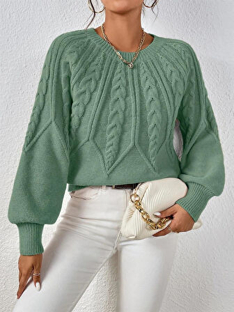 Saç Örgülü Bisiklet Yaka İtalyan Kol Triko Mint Kazak