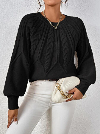 Saç Örgülü Bisiklet Yaka İtalyan Kol Triko Siyah Kazak