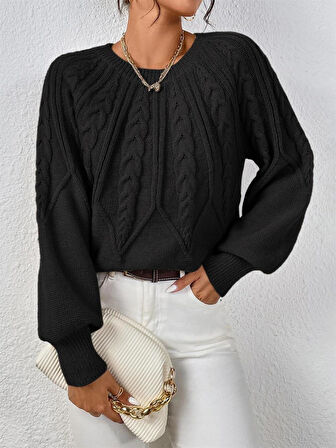 Saç Örgülü Bisiklet Yaka İtalyan Kol Triko Siyah Kazak