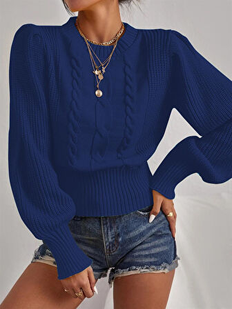 Saç Örgülü Prenses Kol Saks Mavi Triko Kazak