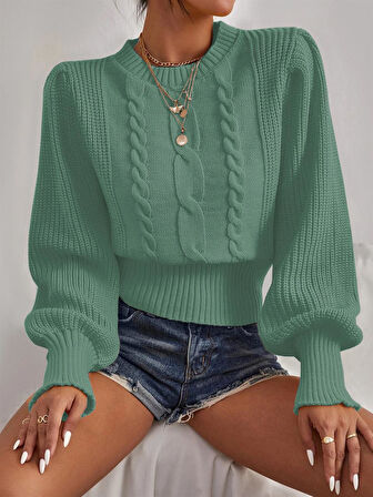 Saç Örgülü Prenses Kol Yeşil Triko Kazak