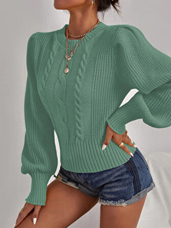 Saç Örgülü Prenses Kol Yeşil Triko Kazak