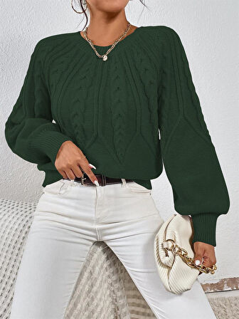 Saç Örgülü Bisiklet Yaka İtalyan Kol Triko Koyu Yeşil Kazak