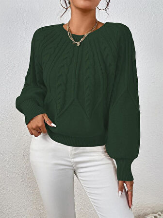 Saç Örgülü Bisiklet Yaka İtalyan Kol Triko Koyu Yeşil Kazak