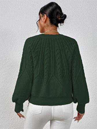 Saç Örgülü Bisiklet Yaka İtalyan Kol Triko Koyu Yeşil Kazak