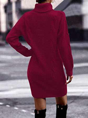 Saç Örgü & Selanik Örgü Desenli, Links Detay, Boğazlı, Uzun Kollu, Sırt Detay Desenli Bordo Triko Elbise Tunik