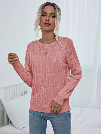 Saç Örgülü Bisiklet Yaka Motifli Kol Detaylı Pudra Triko Kazak