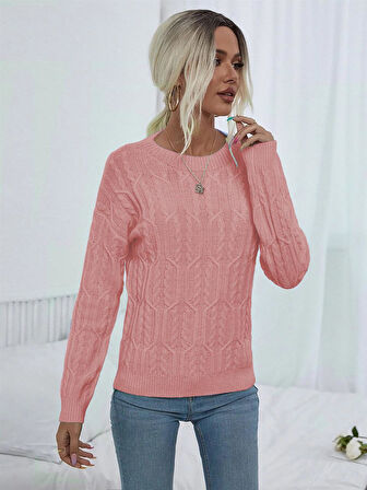 Saç Örgülü Bisiklet Yaka Motifli Kol Detaylı Pudra Triko Kazak