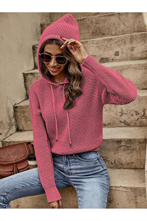 Triko Kapüşonlu Uzun Kollu Yuvarlak Yaka Pudra Kazak