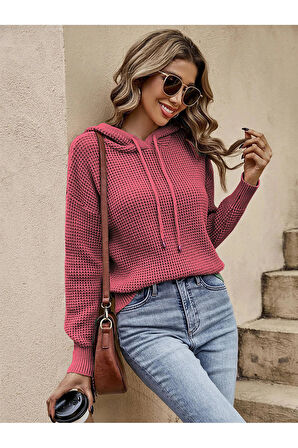 Triko Kapüşonlu Uzun Kollu Yuvarlak Yaka Pudra Kazak