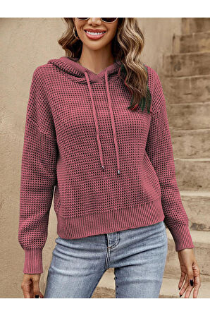 Triko Kapüşonlu Uzun Kollu Yuvarlak Yaka Tarçın Kazak