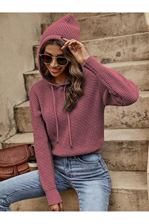 Triko Kapüşonlu Uzun Kollu Yuvarlak Yaka Tarçın Kazak