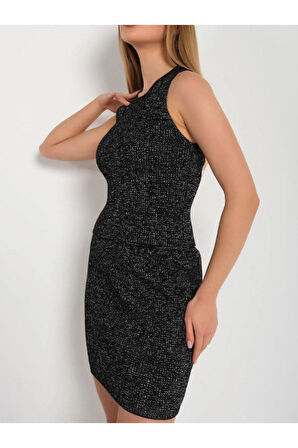 Sim Detaylı Kolsuz Beli Lastikli Kalem Etekli Likralı Yuvarlak Yaka İkili Siyah Takım