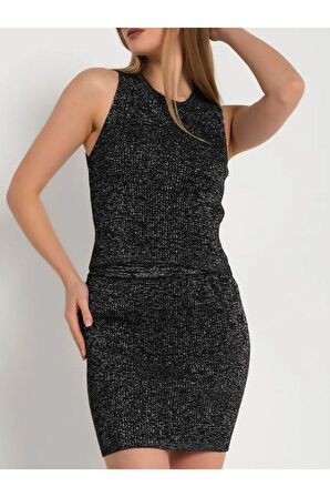 Sim Detaylı Kolsuz Beli Lastikli Kalem Etekli Likralı Yuvarlak Yaka İkili Siyah Takım