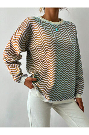 Bisiklet Yaka Dalga Desenli Triko Kazak CAMEL