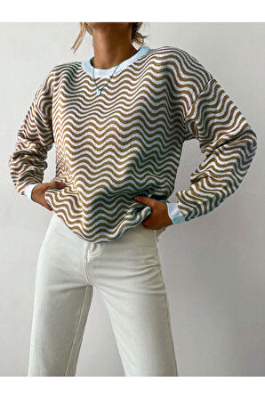 Bisiklet Yaka Dalga Desenli Triko Kazak CAMEL