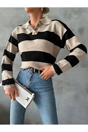 Kadın Polo Yaka Çizgili Triko Kazak SİYAH-VİZON