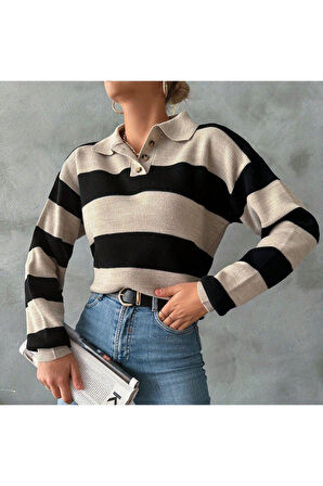 Kadın Polo Yaka Çizgili Triko Kazak SİYAH-VİZON