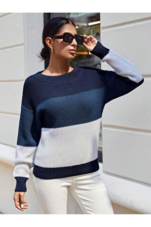 Bisiklet Yaka Renk Bloklu Uzun Kollu Kadın Triko Kazak