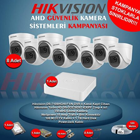 Hikvision 2 Megapiksel HD 1920x1080 Dome Güvenlik Kamerası Seti 8'li