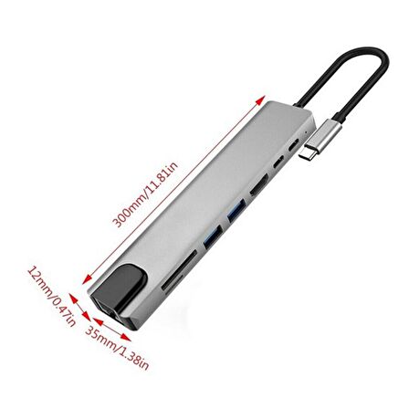 8 in 1 Type-C USB 3.0 Hub HDMI Ethernet Mikro SDTF OTG Adaptörü